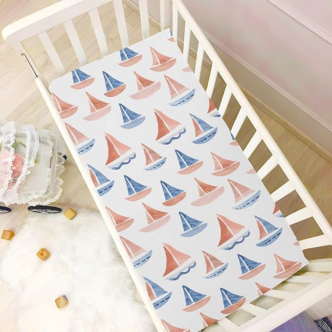 Baby Crib Sheets Fitted Crib Sheet Standard Crib and Toddler Mattress for Boys Girls 39 * 27in Pink Starfish Shell Pattern (Watercolor Sailboats Pattern, Small)