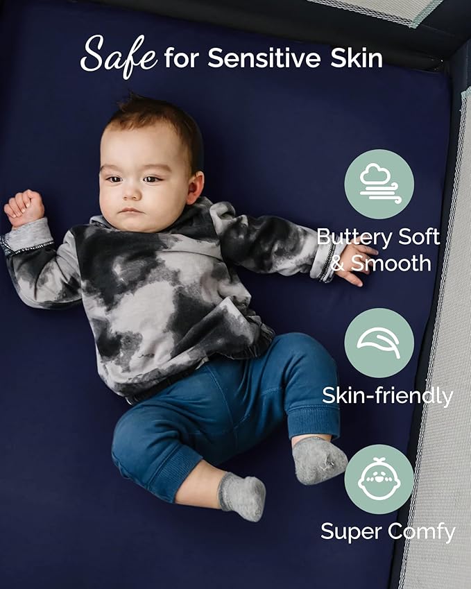 Graco Pack and Play Sheets Fitted – Compatible with Graco Pack n Play Playard Crib & Other 27 x 39 Inch Playpen Mattress, Buttery Soft Jersey Playard Sheets, Grey Navy Cloud, 3Pack