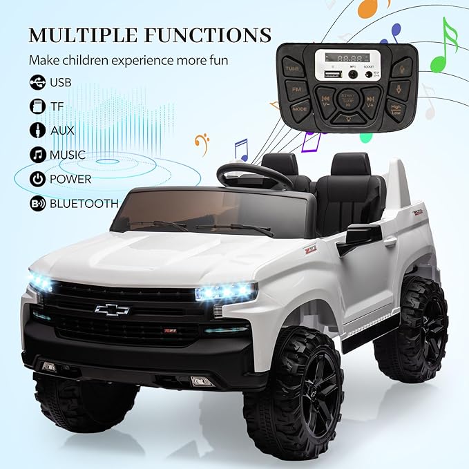 GarveeLife 24V 2-Seater Truck Licensed Chevrolet Silverado Ride On Car Kids Toy, Electric Vehicle Car for Toddlers with Parent Remote Control, White