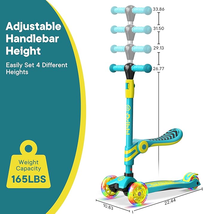 Aqua and Yellow 3 Wheel Scooter with Seat for Kids, Light-Up Wheels, Adjustable Lean to Steer Handlebar and Seat, Smooth Wheels, Wide No-Slip Deck, Rear Foot Brake, Toddler Outdoor Toys for Ages 2+