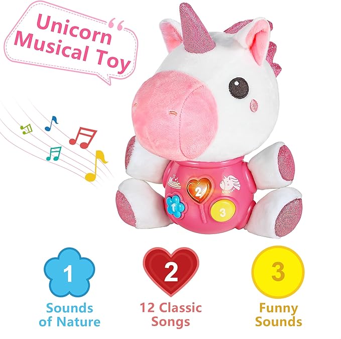 iPlay, iLearn Baby Unicorn Musical Toys, Newborn Girls Gift, Soft Unicorn Plush Stuffed Animal, Infant Light Music Time, 1st Birthday Stocking Gift Stuffer for 0 1 2 3 6 9 12 18 Month 1-3 Yrs Toddlers