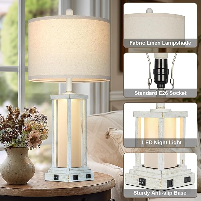 Cinkeda 27" Tall Vintage Table Lamp Set of 2 with USB C+A & Outlet,Nightstand Lamp for Living Room,Bedside Lamps with Frosted Glass Night Light for Bedroom Entryway,White