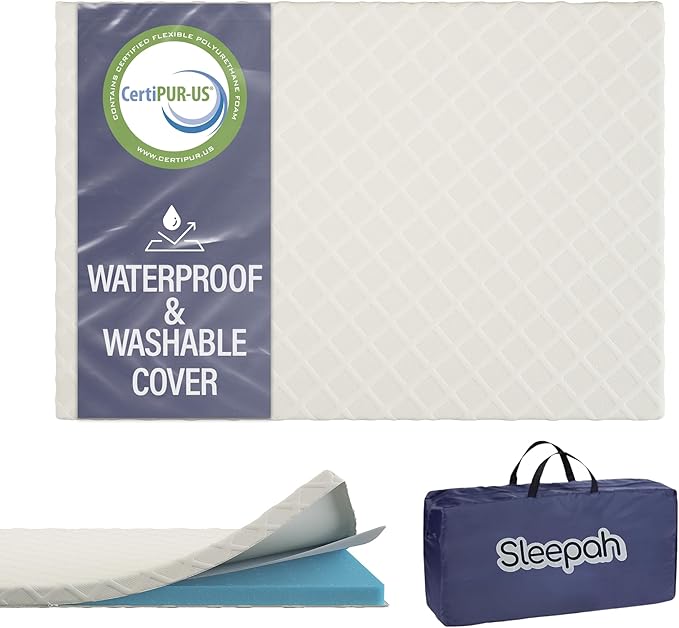 Sleepah Pack and Play Mattress Foam Pad 38 x 26 x 1.5 for Playpen, Portable Playyard Mattress - Soft Waterproof Washable & Removable Cover Breathable Topper