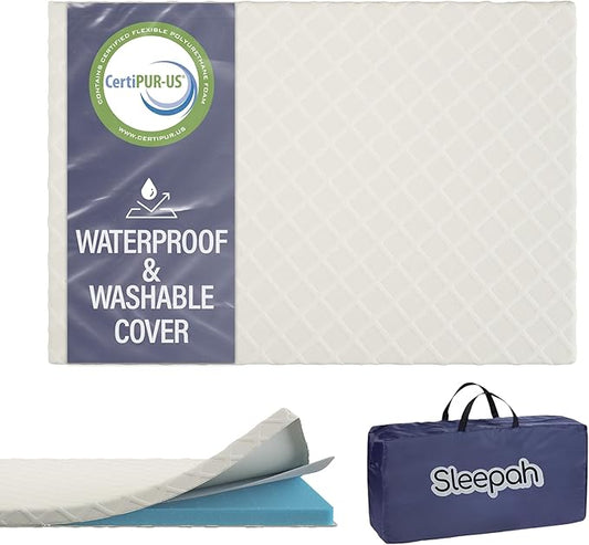 Sleepah Pack and Play Mattress Foam Pad 38 x 26 x 1.5 for Playpen, Portable Playyard Mattress - Soft Waterproof Washable & Removable Cover Breathable Topper