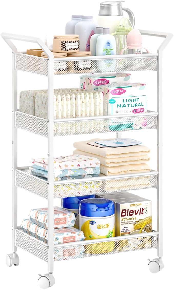 3IngSeagulls Baby Diaper Caddy Cart, 4-Tier Diaper Caddy Organizer and Storage, Rolling Utility Cart for Baby Supplies, Diaper Cart with Wheels for Bedroom, Nursery, Changing Table, White