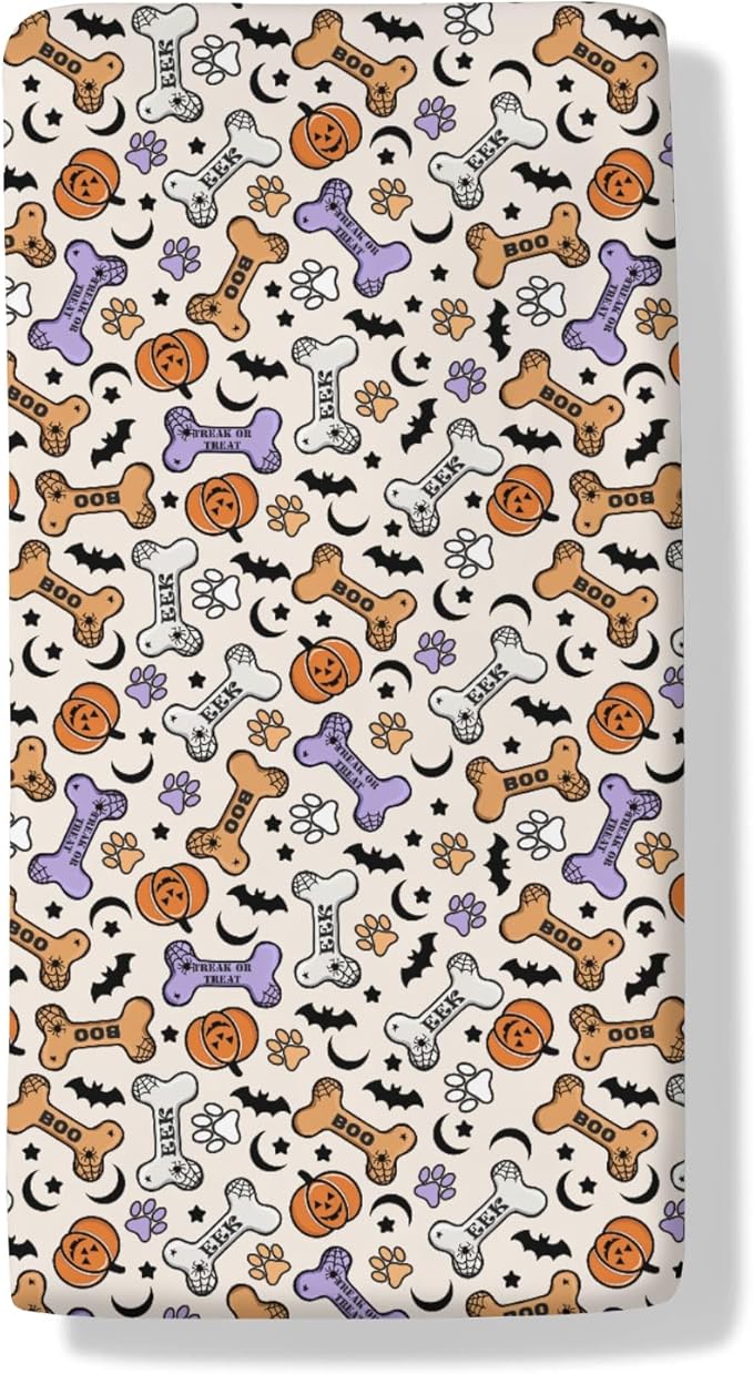 Cute Halloween Dog Paws Baby Crib Sheets Halloween Pumpkin Bone Bats Soft Baby Sheets Fitted Crib Mattress Cover Dog Lover Gift for Standard Crib Mattress 52"x28"