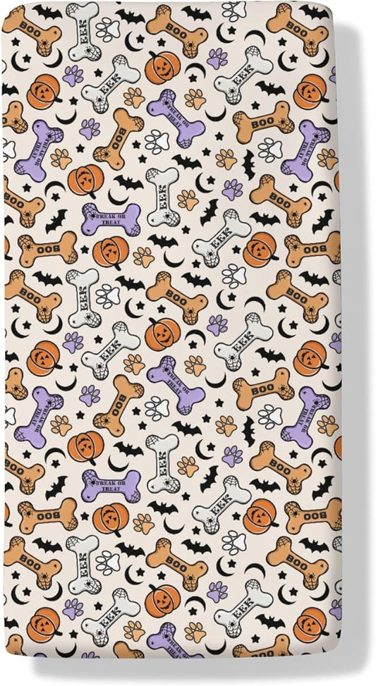 Cute Halloween Dog Paws Baby Crib Sheets Halloween Pumpkin Bone Bats Soft Baby Sheets Fitted Crib Mattress Cover Dog Lover Gift for Standard Crib Mattress 52"x28"
