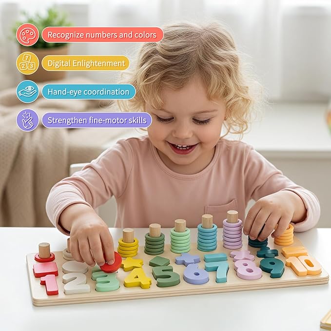 Silicone Montessori Number Puzzle Toys for Toddlers, Counting & Shape Sorting Educational Toy for 3 4 5 Year Old Boys Girls, Preschool Math Learning Board Gift, Colorful Silicone Stacking Toy