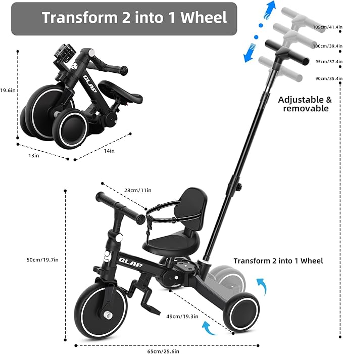 Glaf Tricycle for Toddlers 1-3 Toddler Bike with Push Handle 2-4 Years Baby Bike Toy for 1 Year Old Boys and Girls Balance Bike with Removable Pedal, Backrest, Adjustable Seat, Gifts （Black
