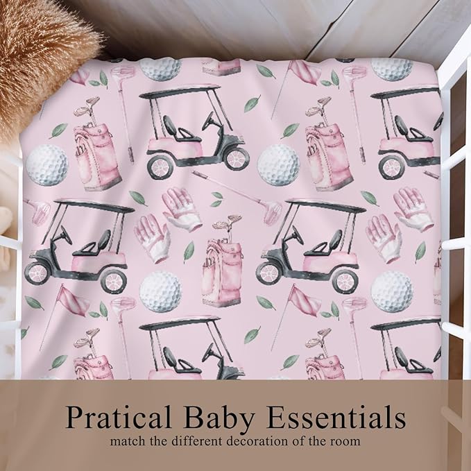 Golf Cart Bag Flag Gloves Pink Fitted Crib Sheet for Baby Girls Boys 52x28Inch Golfing Gear Sports Fitted Crib Sheet Fits Standard Cribs and Toddler Mattresses Golfs Lovers Gift Baby Sheets
