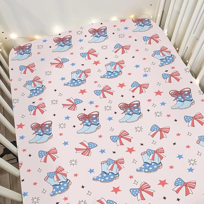 Pink July 4th Cowgirls Baby Crib Sheets for Girl 52x28Inch Western Cowboy Boots American Flag Bows Stars Soft Snug Fitted Crib Mattress Cover Patriotic Baby Sheet for Standard Crib & Toddler Mattress