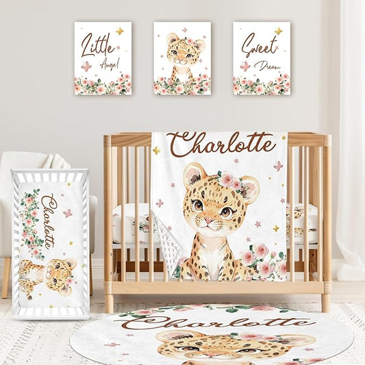 Personalized Baby Crib Bedding Set: 4 Piece Custom Floral Leopard Crib Bed Set with Name, Nursery Bedding Set for Baby Girls, Newborn Boys Crib Sets, Crib Bedding Custom Gift, Crib Sheet