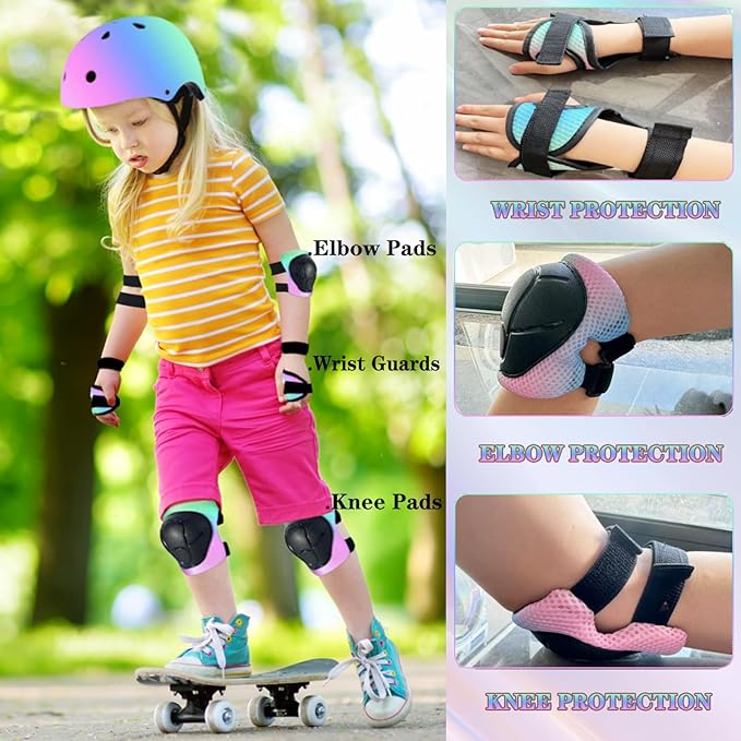 Kids/Youth Knee Pads and Elbow Pads Set for Kids 3-14 Years Boys Girls Protective Gear Set Adjustable Knee Pads, Elbow Pads, Wrist Guards Skateboard Skating Skiing Cycling Biking Running Scooter