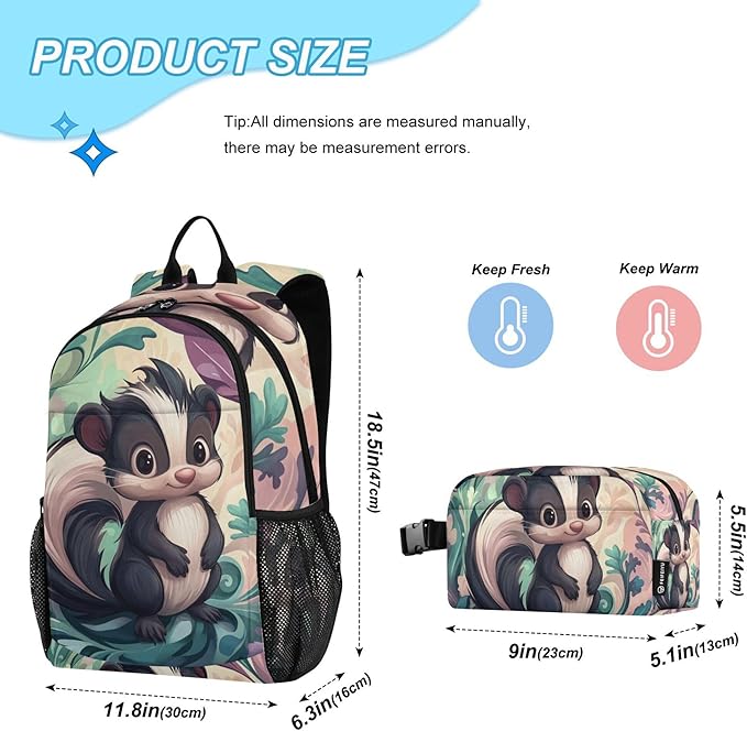 Jucciaco Cute Cartoon Skunk Kids Backpack with Lunch Bag for Boys Girls Travel School Backpack Sets