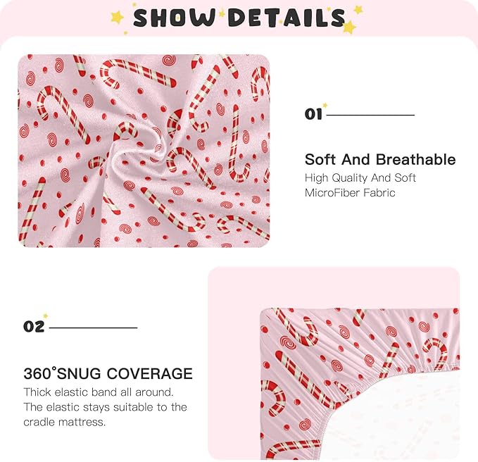 Candy Cane Christmas Pink Crib Sheets Soft Breathable Fitted Baby Crib Sheets Mattress Cover for Girl Boys, 52" x 28" x 9"