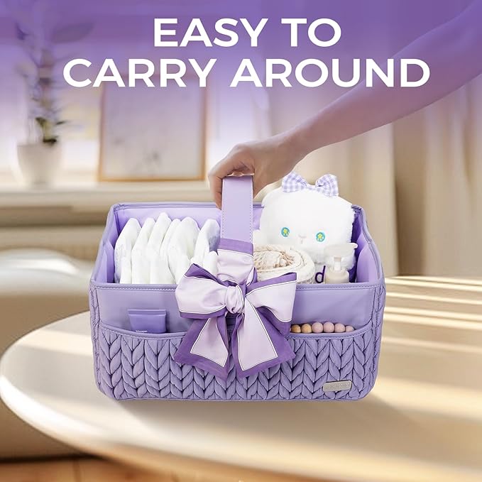 LUKJOJO Luxurious Baby Diaper Caddy, Nursery Storage Basket for Newborn Boy and Girl, Travel Baby Basket for Diapers Baby Wipes, Organizer Tote Bag Storage Bin, Baby Shower Gifts (purple)