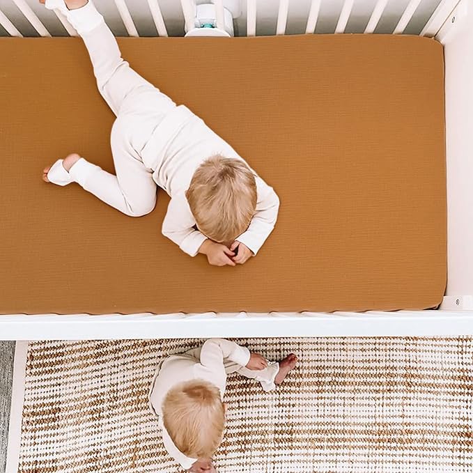 GRSSDER Soft Muslin Crib Sheet 2 Pack, 100% Cotton Crib Sheets for Boys and Girls, Fit Standard Crib Mattresses 52" x 28" Safe and Snug,Taupe/Fall Yellow