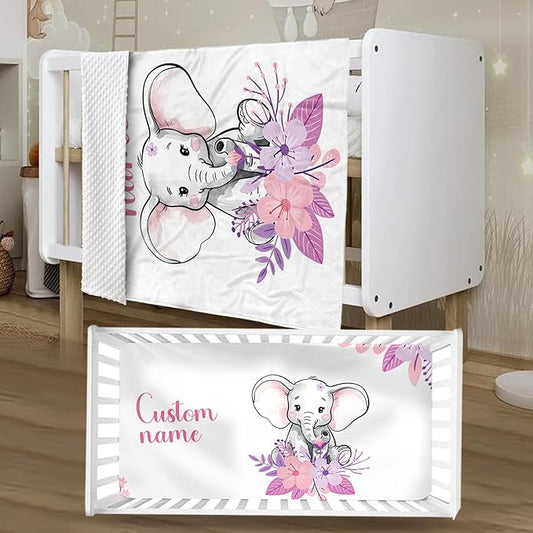 Custom Crib Bedding Set for Infant Babys - 2 Piece Elephant Theme Set with Blanket and Crib Sheet, Personalized Infant Crib Bedding Sets with Name, Newborns Gifts