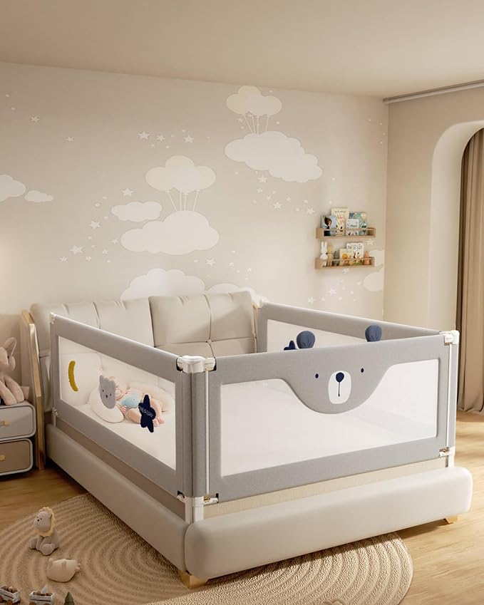 3 Piece Full Size Bed Rails for Toddlers, No-Drill Needed Baby Bed Rail Guard with Height Adjustable, Thickened Child Safety Side Railing Guards/Bedrail for Kids,Grey Bear Cute Design, 54x78.7x78.7in