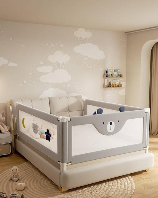 3 Piece Full Size Bed Rails for Toddlers, No-Drill Needed Baby Bed Rail Guard with Height Adjustable, Thickened Child Safety Side Railing Guards/Bedrail for Kids,Grey Bear Cute Design, 54x78.7x78.7in