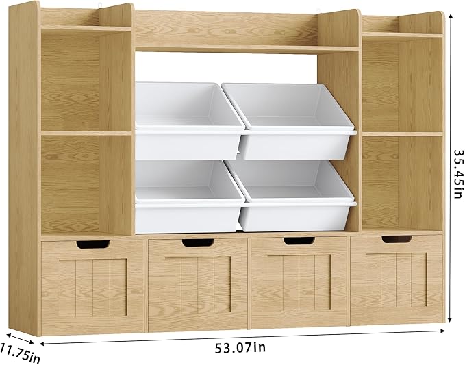 LULUBEAR Toy Storage Organizer, Toy Organizer with 4 Movable Drawers and 4 Box Bins, Kids Playroom Storage Organization with Hidden Wheels for Living Room, Kids Room, Natural