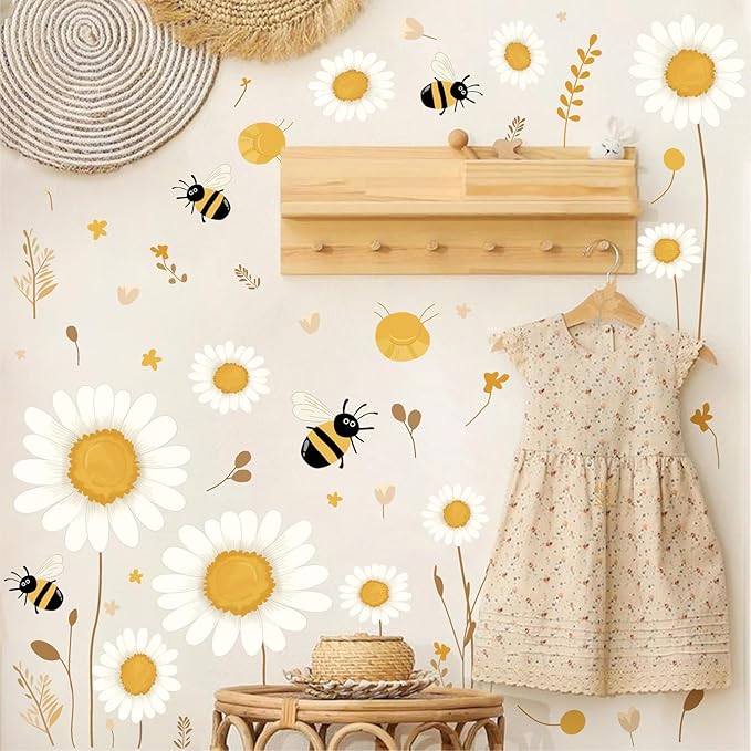 Daisy Floral Wall Stickers Baby Bedroom Walls Art Murals Boho Daisy Decals for Kids Room Peel and Stick Flower Bee Vinyl Wall Decals for Nursery Home Living Room Summer Flowers Party Theme Supplies