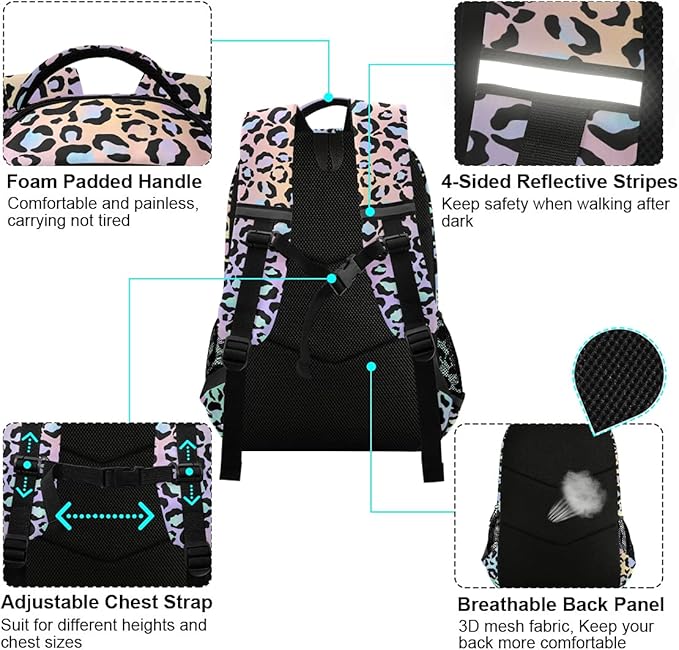 MNSRUU School Backpack with Chest Strap, Leopard Print Laptop Backpack, Travel Hiking Backpack for Boys Girls, Rucksack, Knapsack