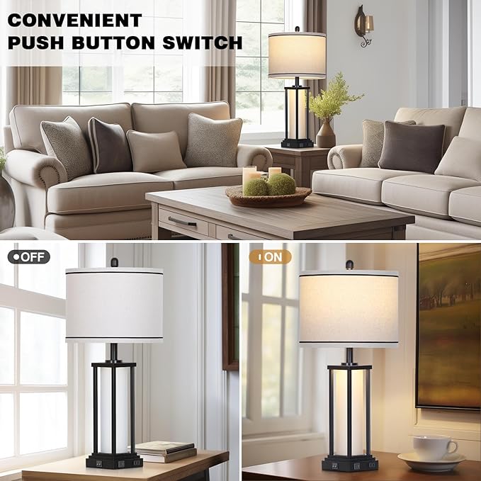 Cinkeda 27" Tall Vintage Table Lamp with USB C+A & Outlet,Black Industrial End Table Lamp for Living Room,Farmhouse Rustic Bedside Lamp with Frosted Glass Night Light for Bedroom Nightstand,Black-1P