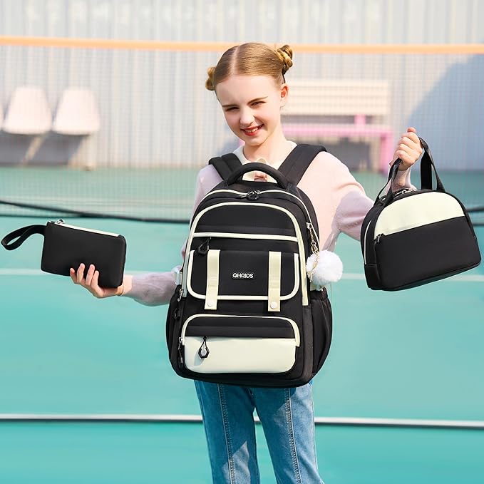 QHRIDS School Backpack for Girls, 3PCS Laptop Backpack 15.6 Inch with Lunch Box Pencil Pouch Set for Kids Teens Elementary Middle High School College Bookbag Student Casual Travel Daypack,Black Beige
