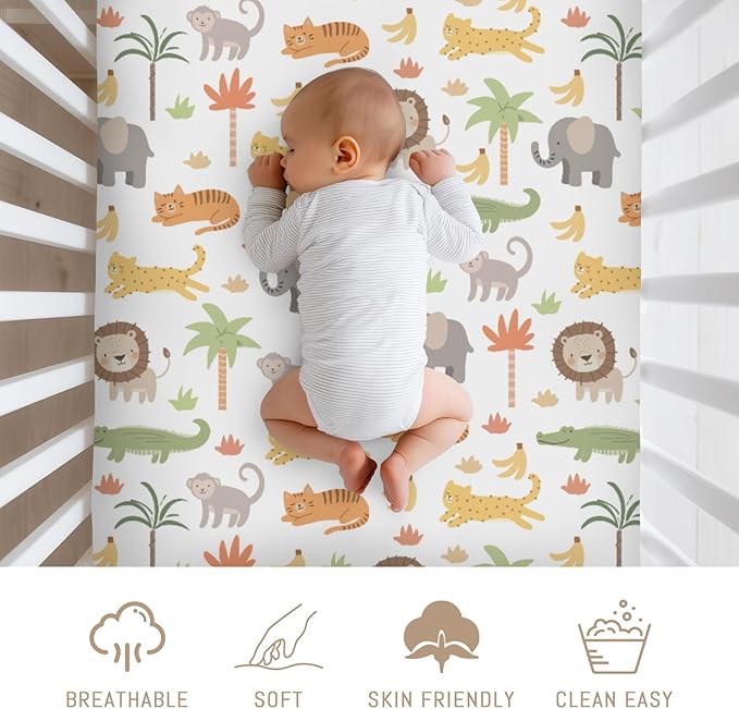Jungle Safari Animal Baby Crib Sheets for Boys Girls Cute Lion Leopard Elephant Monkey Soft Snug Fitted Crib Mattress Covers for 52''x28'' Standard Crib & Toddler Mattress Safari Adventure Bed Sheets