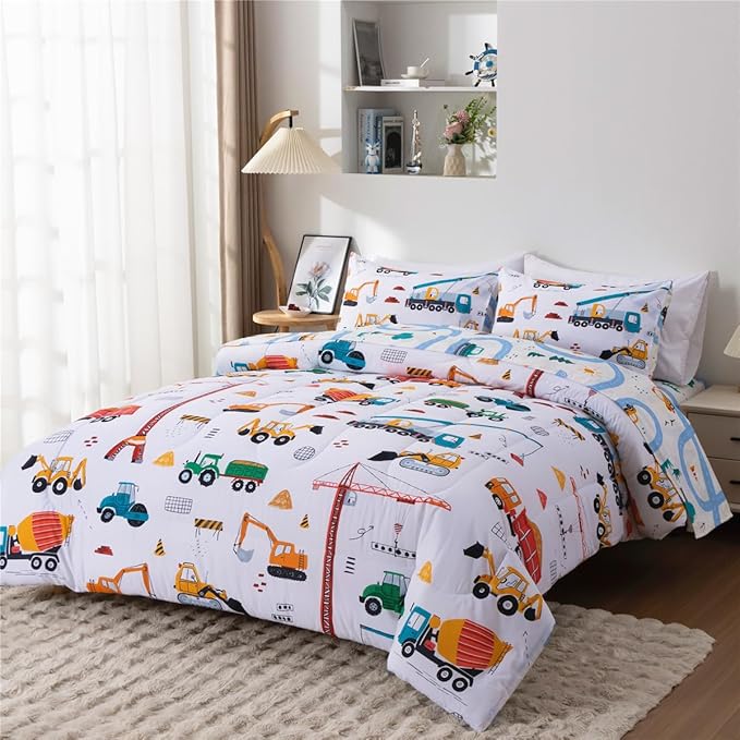 NTBED 5 Pieces Construction Truck Full Comforter Set for Boys Kids Building Vehicles Excavator Lightweight Microfiber Bedding Sets