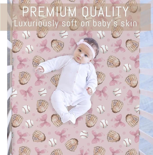 Pastel Pink Baseball Bows Baby Crib Sheets for Boys Girls Watercolor Girly Baseball Soft Snug Fitted Crib Mattress Covers for 52''x28'' Standard Crib & Toddler Mattresses Outdoor Sports Bed Sheets