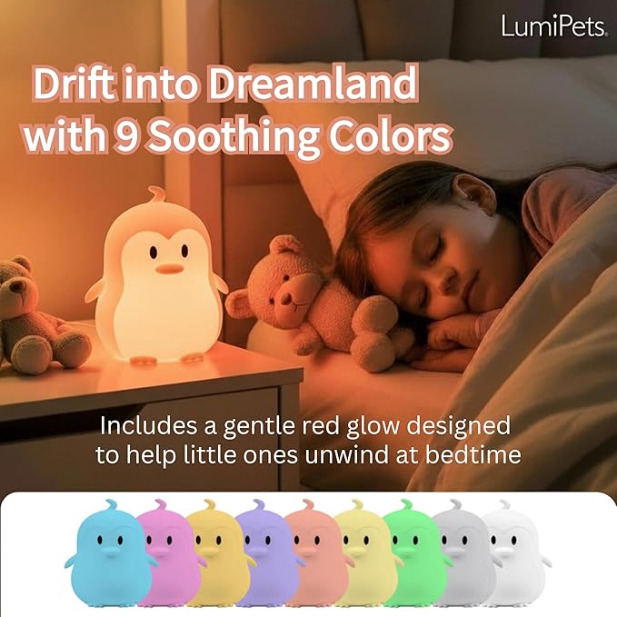Lumipets Remote Control Silicone Night Light for Kids - Penguin Design with 9 Soft Colors & Sleep Timer - Rechargeable, Battery-Operated Lamp for Bedroom | Baby Nursery, Toddler, Girls, Boys