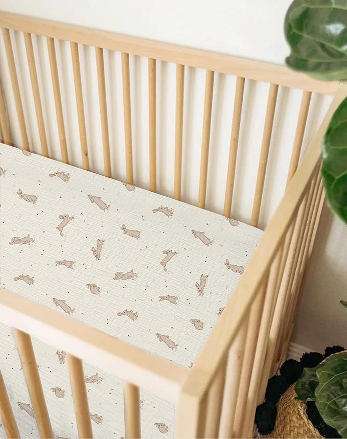 Mini Crib Sheets for Baby Boy Girl 2 Pack, Neutral Mini Crib Mattress Sheet 24" x 38", Muslin Nursery Bedding Soft and Breathable Comfort (Hopping Bunnies & Beige)