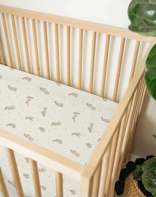 Mini Crib Sheets for Baby Boy Girl 2 Pack, Neutral Mini Crib Mattress Sheet 24" x 38", Muslin Nursery Bedding Soft and Breathable Comfort (Hopping Bunnies & Beige)