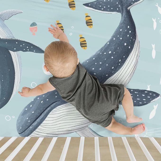 Boho Ocean Animals Baby Crib Sheets Boy Girl 28"x52" Whale Shark Jellyfish Coral Seaweed Soft Snug Fitted Crib Mattress Cover Nautical Coastal Marine Baby Sheet for Standard Crib & Toddler Mattress