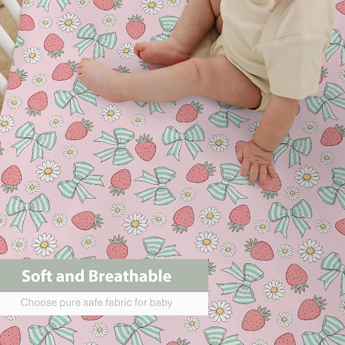 Pink Strawberry Green Bows Daisy Baby Crib Sheets for Boy Girl 52x28Inch Strawberries Bows Soft Stretchy Fitted Crib Mattress Covers Cute Summer Fruit Baby Sheet for Standard Crib & Toddler Mattress
