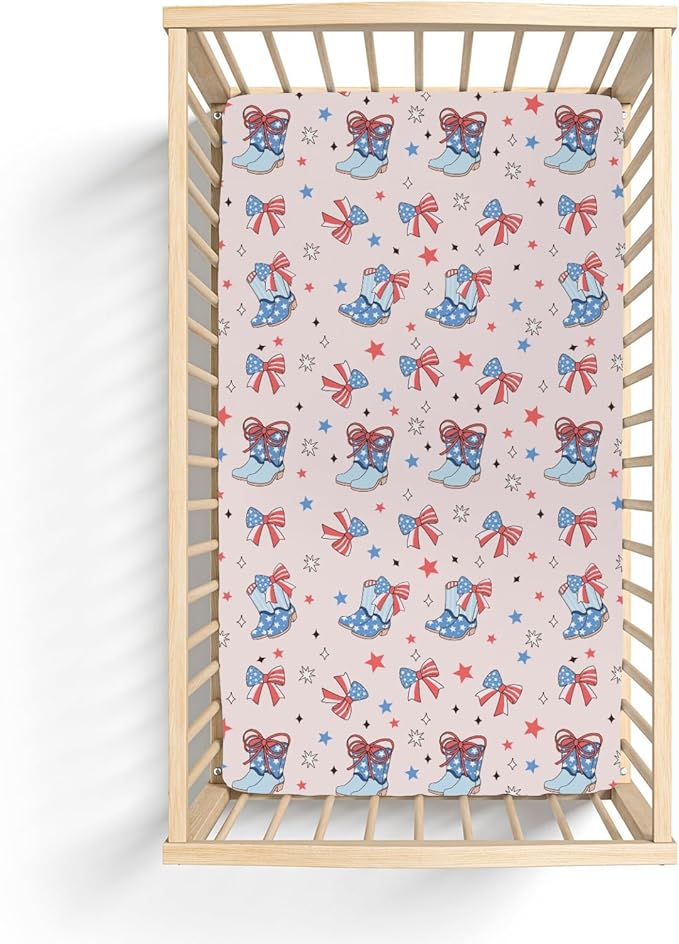Pink July 4th Cowgirls Baby Crib Sheets for Girl 52x28Inch Western Cowboy Boots American Flag Bows Stars Soft Snug Fitted Crib Mattress Cover Patriotic Baby Sheet for Standard Crib & Toddler Mattress