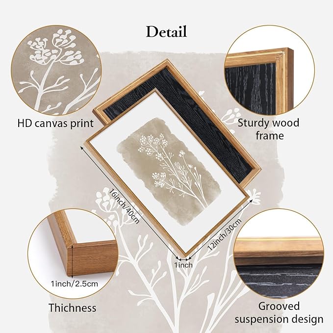 CHDITB Botanical Farmhouse Wall Art Set, Framed Boho Plant Wall Decor, Neutral Minimalist Floral Wall Painting, Rustic Wildflower Canvas Art Prints for Living Room, Bedroom, Bathroom - Large 16"x24"x3