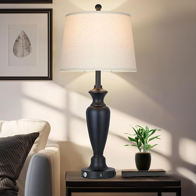 luxeflow Black Table Lamp for Living Room Single, 30″ Tall Touch Control Bedside Lamp for Bedroom, 3-Way Dimmable Nightstand Lamp with USB A+C Ports and AC Outlet (1 Pack)