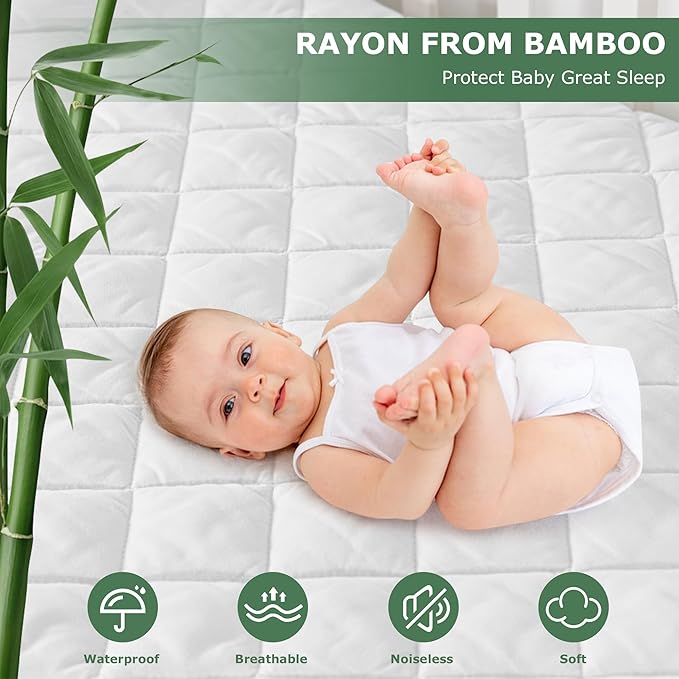 GRT 2 Pack Waterproof Crib Mattress Protector Rayon Made from Bamboo,Quilted Baby Mattress Pad Fitted Deep Pocket from 4" up to 9", Extra Breathable & Noiseless Toddler Mattress Cover 52"x28", White