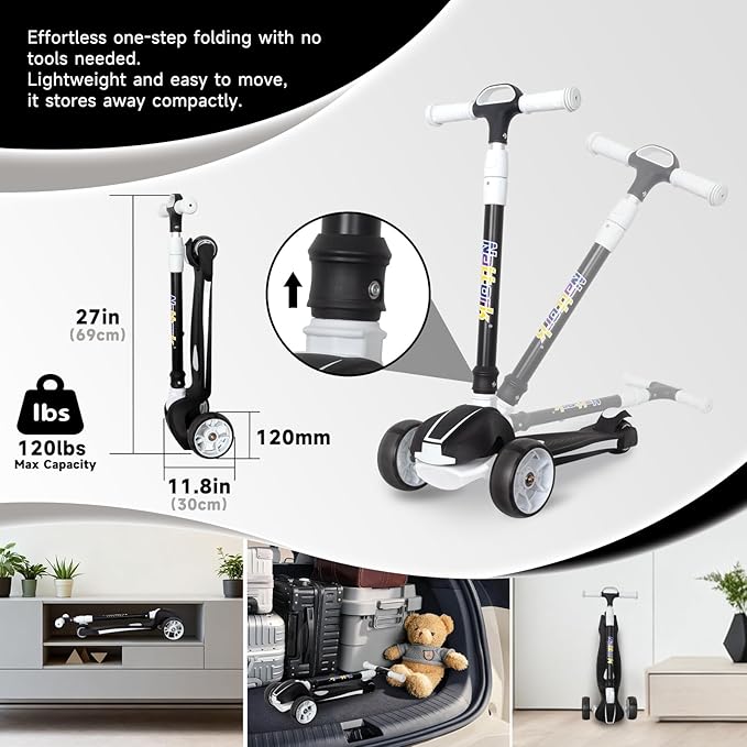 Nattork Kids Scooter for Age 3-8, Toddler Scooter with 4 Adjustable Height for Boys & Girls, Light Up 3-Wheels Foldable Kick Scooter, Lean to Steer, 120LB Weight Capacity