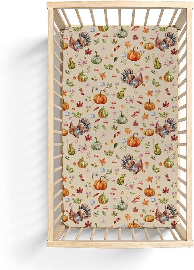 Thanksgiving Turkey Pumpkins Baby Crib Sheets for Boy Girl 52"x28" Vintage Autumn Leaves Soft Stretchy Fitted Crib Mattress Covers Fall Harvest Baby Sheet for Standard Crib and Toddler Bed Mattress