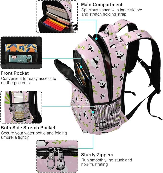 MNSRUU School Backpack with Chest Strap, Animal Cute Panda Bear Laptop Backpack, Travel Hiking Backpack for Boys Girls, Rucksack, Knapsack One Size