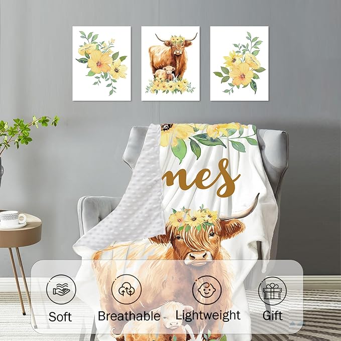 Custom Baby Crib Bedding Set,Personalized Name Yellow Flower Highland Cow Nursery Bed Set 4 Piece,Baby Blanket Fitted Sheet Nursery Rug Wall Art Set,Custom Room Decor Idea Gift for Newborns Boys Girls