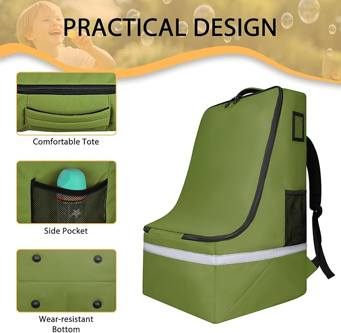 LARIPOP Car Seat Travel Bag for Airplane,Infant Seat Travel Bag with Shoulder Strap,Padded Car Seats Backpack with Reflective Stripes,Large Carseat Carrier Bag Travel Car Seat Cover,Green