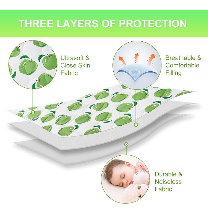 TILLYOU Pack and Play Sheet - Soft Quilted Crib Cover Pad, Toddlers Mattress Protector with 1''-3'' Deep Pocket, Thick Play Yard Playpen Sheets, Crib Mattress Pad, 39"x27", Green Apple