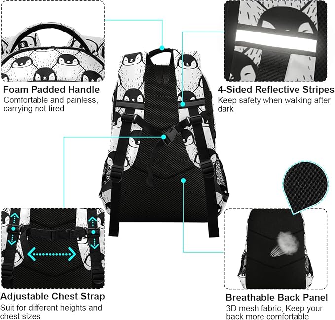 MNSRUU School Backpack with Chest Strap, Cute Penguin Print Laptop Backpack, Travel Hiking Backpack for Boys Girls, Rucksack, Knapsack