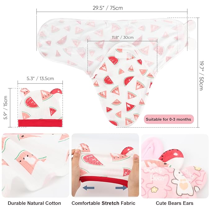 DRESHOW BQUBO 3 Pack Baby Swaddle Sleep Sacks Baby Swaddling Blanket Wrap Newborn Swaddle Sack with Bear Ears Hat for Boys Girls 6-12 Lbs Newborns & 0-3 Months Girls Boys