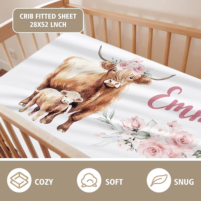 Personalized Crib Bedding Set for Boys Girls, Custom Baby Crib Sets with Name, Pink Highland Cow Design Nursery Bedding 2 Piece - Soft Blanket with Double Layer Dotted Backing, Crib Fitted Sheet